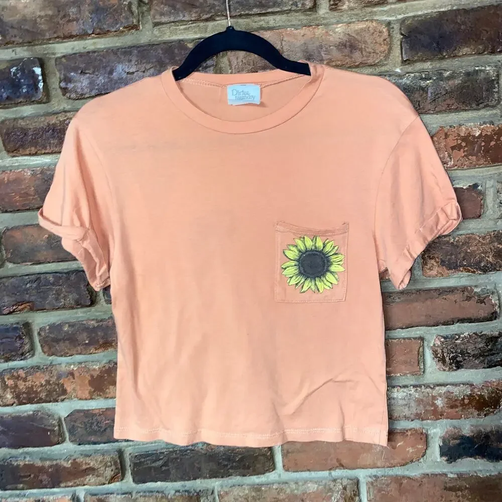 Dirtee Laundry Orange Sunflower Pocket Graphic Short Sleeve Crop Tee Size Xs
